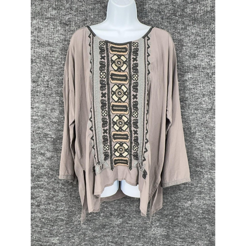 Johnny Was Biya Blouse Womens P2XL Beige Silk Embroidered Tunic Top Long Sleeve